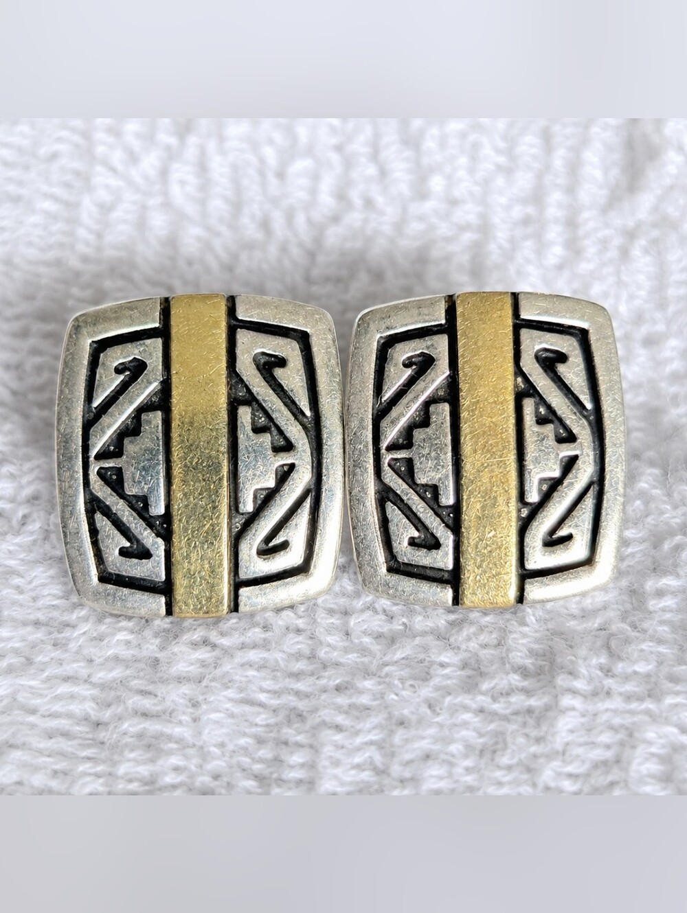 Calvin Begay Sterling Silver 14K Gold Geometric Navajo Stud Earrings Signed